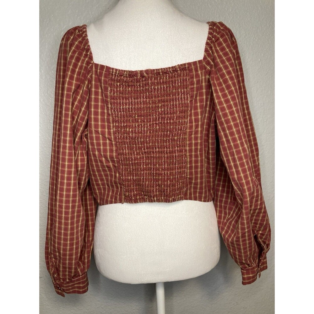 Levis Crop Top Blouse XL Red Cotton Plaid Puff Sleeve Smocked Milkmaid Boho Y2K - Picture 6 of 11